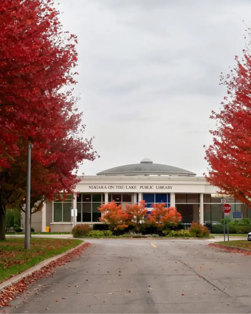 Exterior photo of NOTL Public Library taken from the front with road leading to the entrance. The trees lining the road have bright red leaves for autumn.