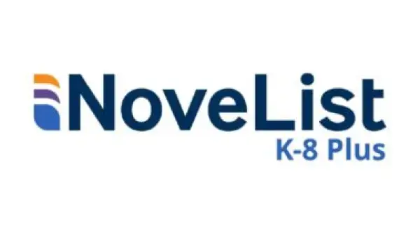 Logo for the NoveList K-8 Plus service. White background with text 'NoveList K-8 Plus' and a logo consisting of three blue, orange and purple nesting dots to the left of the text.