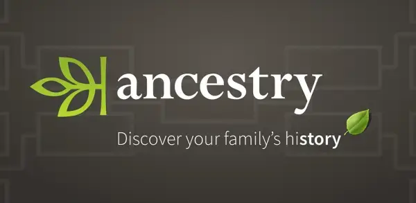Promotional image for the Ancestry genealogical database. Text reads 'Ancestry: Discover your family's history' on a dark grey background with a green leaf logo.