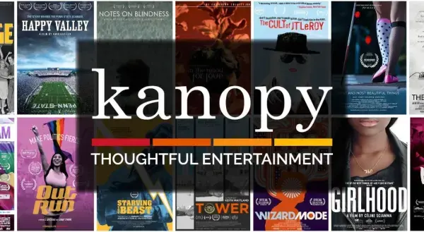 Promotional image for the Kanopy video streaming service. The text reads Kanopy: Thoughtful Entertainment.