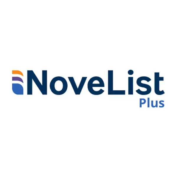 Logo for the NoveList Plus service. White background with text 'NoveList Plus' and a logo consisting of three blue, orange and purple nesting dots to the left of the text.