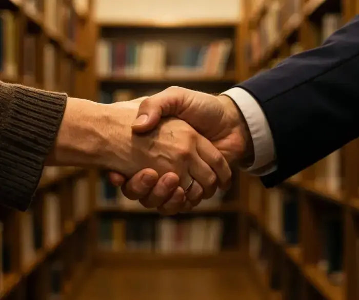 Image shows a pair of hands in a firm handshake. In the background are shelves of books on chestnut-coloured wood shelves.